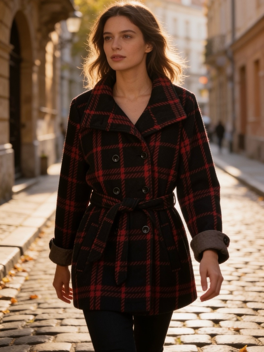 Lady Hathaway Red and Black Plaid Fleece Peacoat Medium